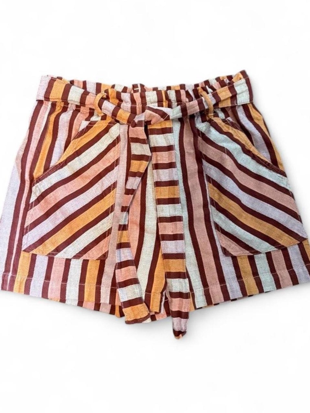 Anthropologie Striped Paperbag Waist Shorts - Rust, Mustard, Light Blue